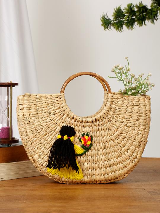 Shilpkara Boho Chic Beauty Handcrafted Organic Eco-Friendly Kouna Grass Bag with Embroidery (Multicolor)
