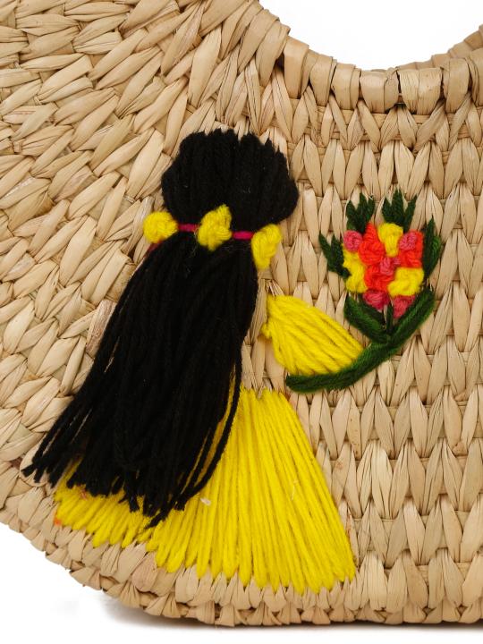 Shilpkara Boho Chic Beauty Handcrafted Organic Eco-Friendly Kouna Grass Bag with Embroidery (Multicolor)