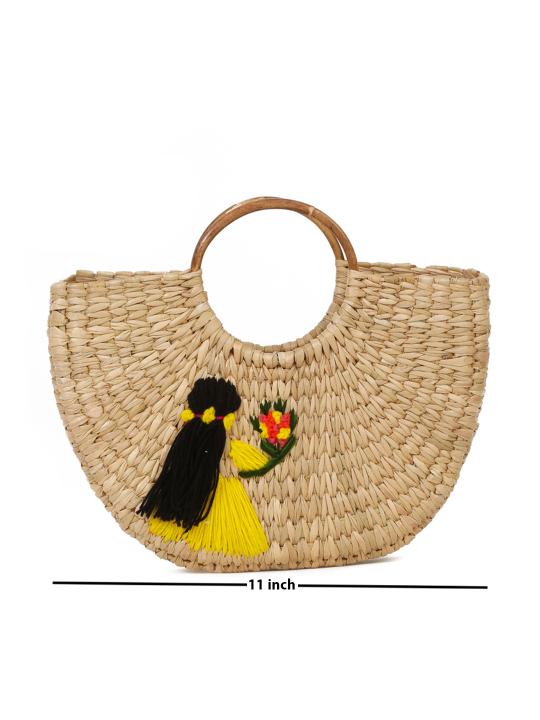 Shilpkara Boho Chic Beauty Handcrafted Organic Eco-Friendly Kouna Grass Bag with Embroidery (Multicolor)