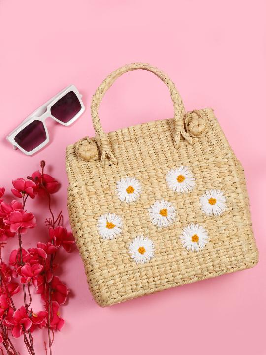 Shilpkara Tropical Elegance Handcrafted Organic Eco-Friendly Kouna Sea Grass Bag with Embroidery (Beige)