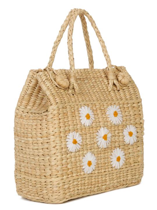 Shilpkara Tropical Elegance Handcrafted Organic Eco-Friendly Kouna Sea Grass Bag with Embroidery (Beige)
