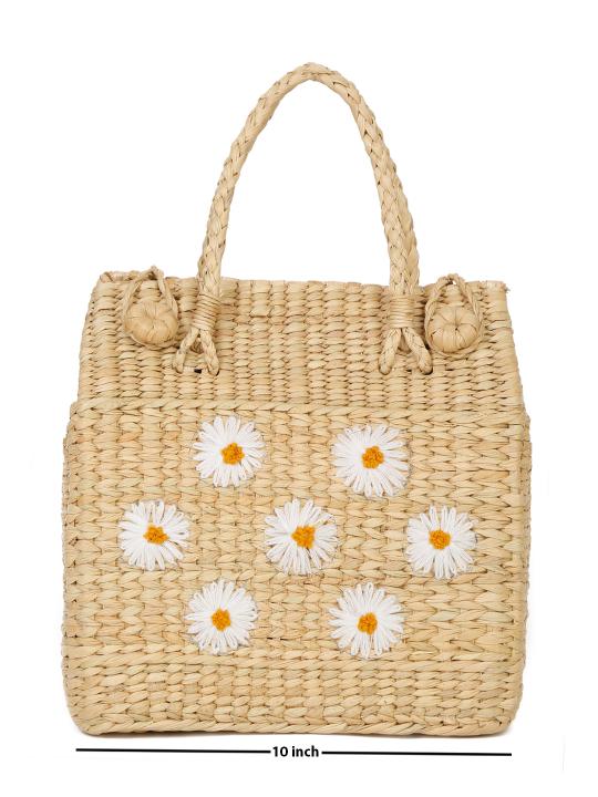 Shilpkara Tropical Elegance Handcrafted Organic Eco-Friendly Kouna Sea Grass Bag with Embroidery (Beige)
