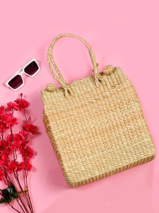 Shilpkara Rustic Charm Handwoven Organic Eco-Friendly Kouna Sea Grass Multi Purpose Market Bag Picnic Basket (Beige)