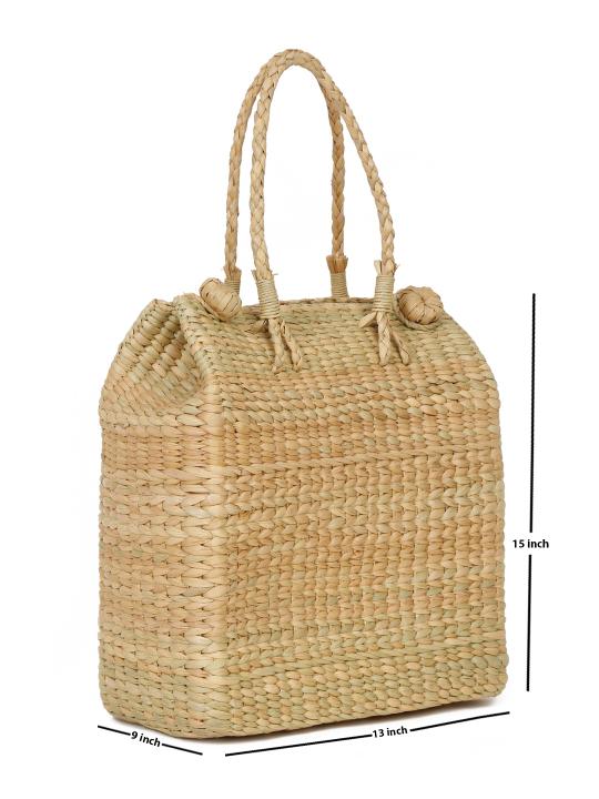 Shilpkara Rustic Charm Handwoven Organic Eco-Friendly Kouna Sea Grass Multi Purpose Market Bag Picnic Basket (Beige)