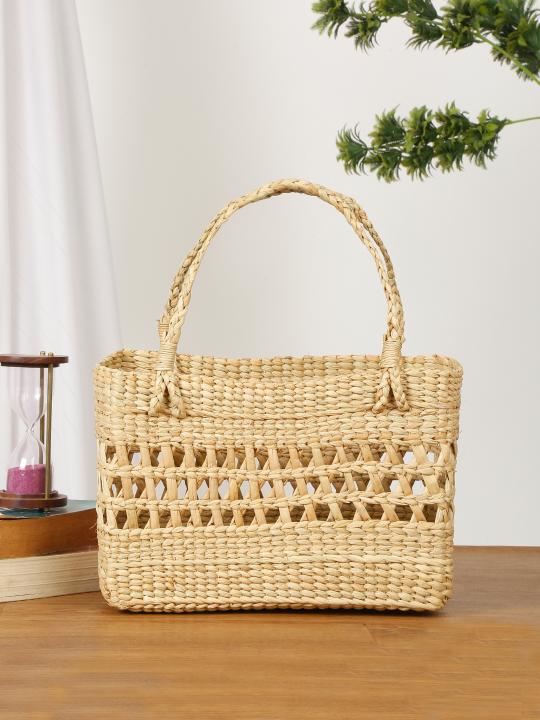 Shilpkara "Lattice Intricacy Handcrafted Organic Eco-friendly Kouna Sea Grass Shopping Market Bag with Lattice Design (Beige, 12.5 x 4.5 x 8.5 Inch)