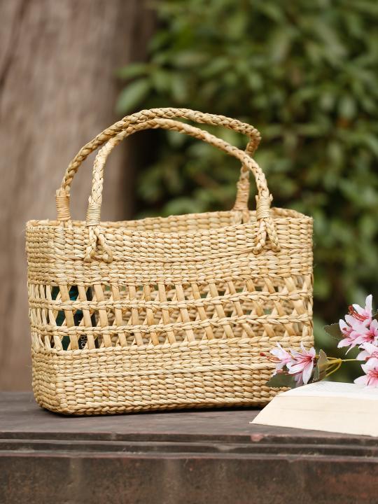 Shilpkara "Lattice Intricacy Handcrafted Organic Eco-friendly Kouna Sea Grass Shopping Market Bag with Lattice Design (Beige, 12.5 x 4.5 x 8.5 Inch)