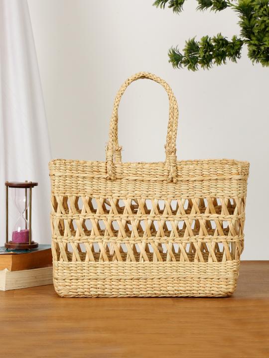 Shilpkara "Lattice Intricacy Handcrafted Organic Eco-friendly Kouna Sea Grass Shopping Market Bag with Lattice Design (Beige, 15 x 5.5 x 11 Inch)