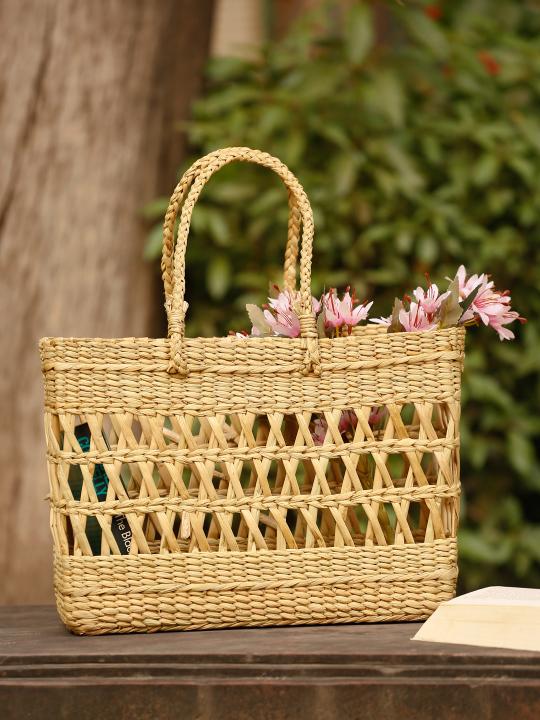 Shilpkara "Lattice Intricacy Handcrafted Organic Eco-friendly Kouna Sea Grass Shopping Market Bag with Lattice Design (Beige, 15 x 5.5 x 11 Inch)