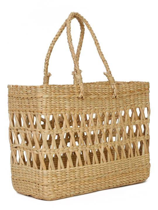 Shilpkara "Lattice Intricacy Handcrafted Organic Eco-friendly Kouna Sea Grass Shopping Market Bag with Lattice Design (Beige, 15 x 5.5 x 11 Inch)