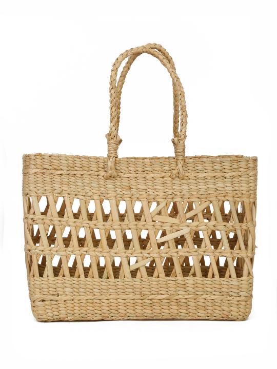 Shilpkara "Lattice Intricacy Handcrafted Organic Eco-friendly Kouna Sea Grass Shopping Market Bag with Lattice Design (Beige, 15 x 5.5 x 11 Inch)