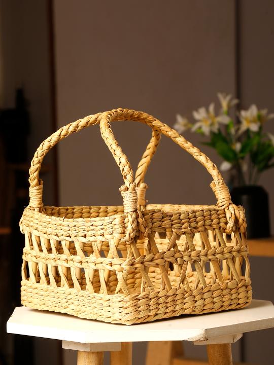 Shilpkara Artisanal Lattice Impressions Handcrafted Organic Eco-Friendly Kouna Sea Grass Rectangular Basket with Lattice Design (Beige, 8 x 8 x 5 inch)