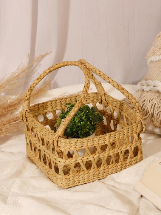 Shilpkara Artisanal Lattice Impressions Handcrafted Organic Eco-Friendly Kouna Sea Grass Rectangular Basket with Lattice Design (Beige, 8 x 8 x 5 inch)