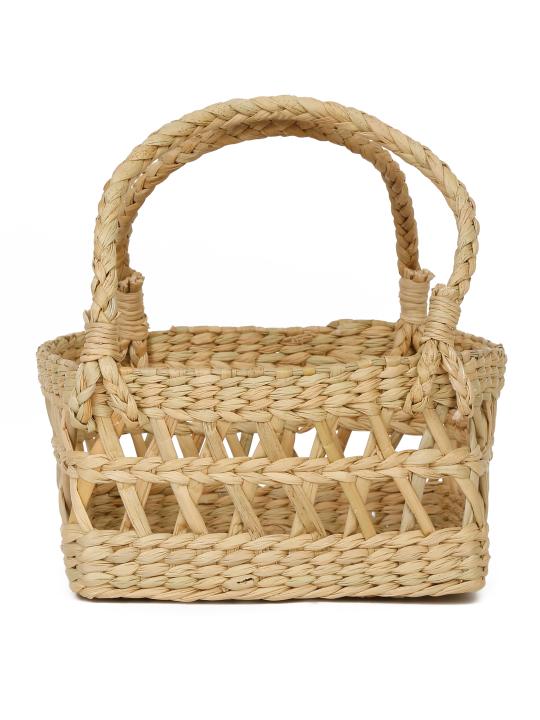 Shilpkara Artisanal Lattice Impressions Handcrafted Organic Eco-Friendly Kouna Sea Grass Rectangular Basket with Lattice Design (Beige, 8 x 8 x 5 inch)