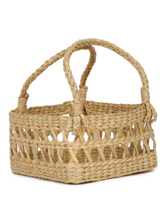 Shilpkara Artisanal Lattice Impressions Handcrafted Organic Eco-Friendly Kouna Sea Grass Rectangular Basket with Lattice Design (Beige, 8 x 8 x 5 inch)