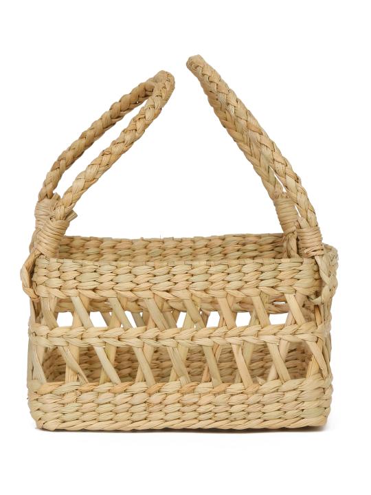 Shilpkara Artisanal Lattice Impressions Handcrafted Organic Eco-Friendly Kouna Sea Grass Rectangular Basket with Lattice Design (Beige, 8 x 8 x 5 inch)