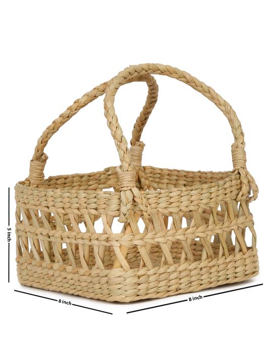 Shilpkara Artisanal Lattice Impressions Handcrafted Organic Eco-Friendly Kouna Sea Grass Rectangular Basket with Lattice Design (Beige, 8 x 8 x 5 inch)