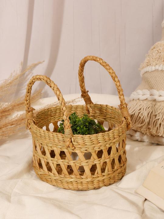 Shilpkara Artisanal Lattice Impressions Handcrafted Organic Eco-Friendly Kouna Sea Grass Round Basket with Lattice Design (Beige, 8 x 8 x 5 inch)