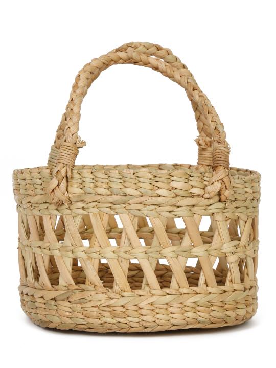 Shilpkara Artisanal Lattice Impressions Handcrafted Organic Eco-Friendly Kouna Sea Grass Round Basket with Lattice Design (Beige, 8 x 8 x 5 inch)