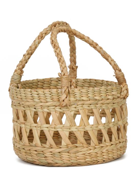 Shilpkara Artisanal Lattice Impressions Handcrafted Organic Eco-Friendly Kouna Sea Grass Round Basket with Lattice Design (Beige, 8 x 8 x 5 inch)