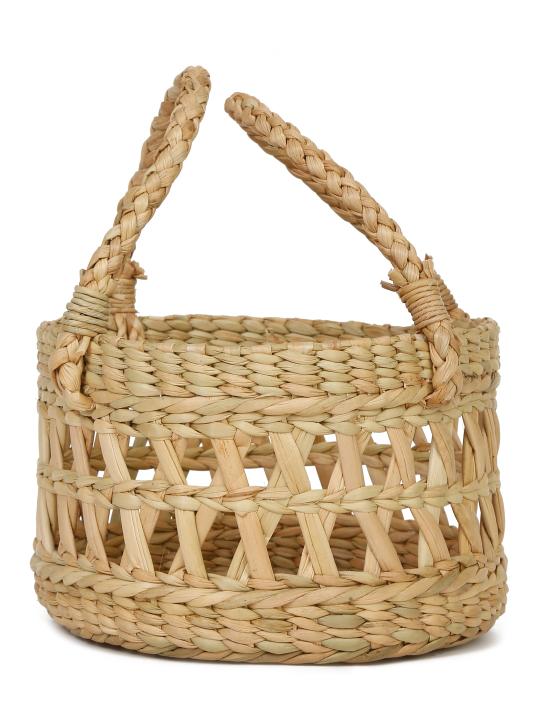 Shilpkara Artisanal Lattice Impressions Handcrafted Organic Eco-Friendly Kouna Sea Grass Round Basket with Lattice Design (Beige, 8 x 8 x 5 inch)