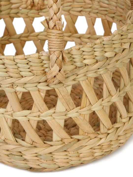Shilpkara Artisanal Lattice Impressions Handcrafted Organic Eco-Friendly Kouna Sea Grass Round Basket with Lattice Design (Beige, 8 x 8 x 5 inch)