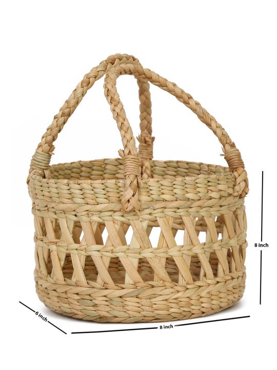 Shilpkara Artisanal Lattice Impressions Handcrafted Organic Eco-Friendly Kouna Sea Grass Round Basket with Lattice Design (Beige, 8 x 8 x 5 inch)