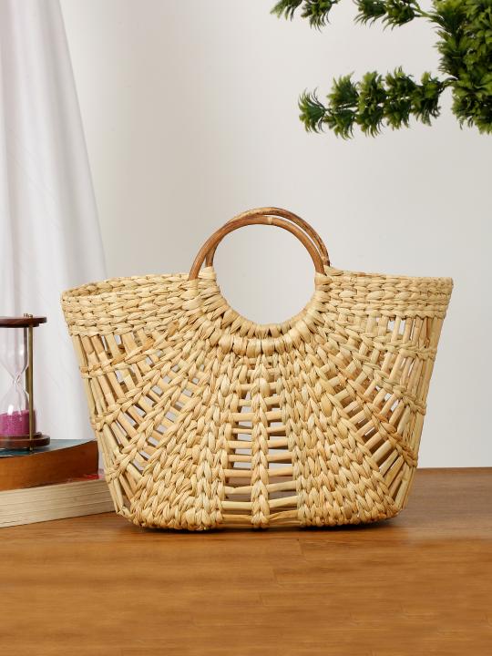 Shilpkara "Versatile V-Shaped Handcrafted Organic Eco-friendly Kouna Sea Grass Shopping Market Bag with Cane Handle (Beige, 16.5 x 6 x 10.5 Inch)