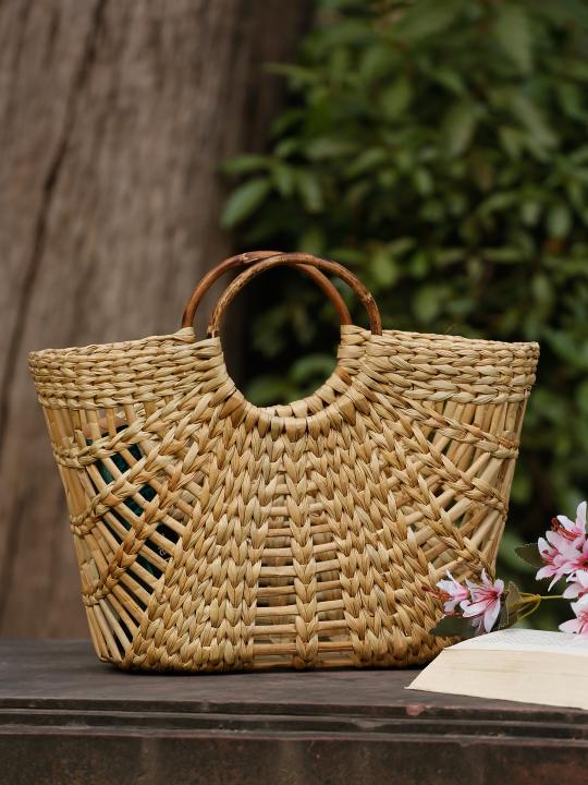 Shilpkara "Versatile V-Shaped Handcrafted Organic Eco-friendly Kouna Sea Grass Shopping Market Bag with Cane Handle (Beige, 16.5 x 6 x 10.5 Inch)