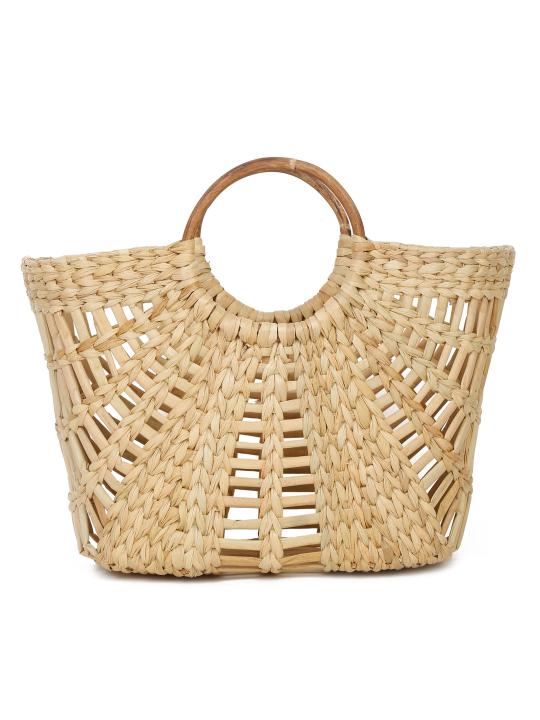 Shilpkara "Versatile V-Shaped Handcrafted Organic Eco-friendly Kouna Sea Grass Shopping Market Bag with Cane Handle (Beige, 16.5 x 6 x 10.5 Inch)