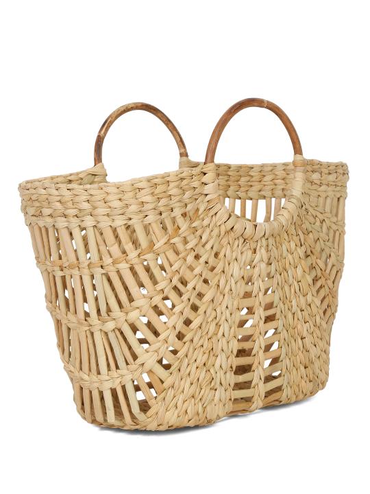 Shilpkara "Versatile V-Shaped Handcrafted Organic Eco-friendly Kouna Sea Grass Shopping Market Bag with Cane Handle (Beige, 16.5 x 6 x 10.5 Inch)