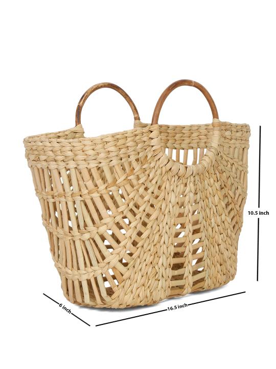 Shilpkara "Versatile V-Shaped Handcrafted Organic Eco-friendly Kouna Sea Grass Shopping Market Bag with Cane Handle (Beige, 16.5 x 6 x 10.5 Inch)