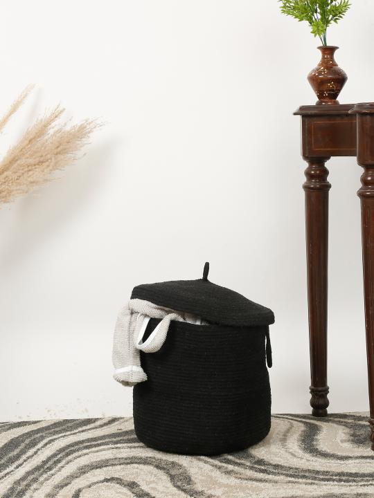 Shilpkara Laundry Oasis Handwoven Organic Natural Cotton Dori Jute Washing Sack Organiser Laundry Basket (Black)