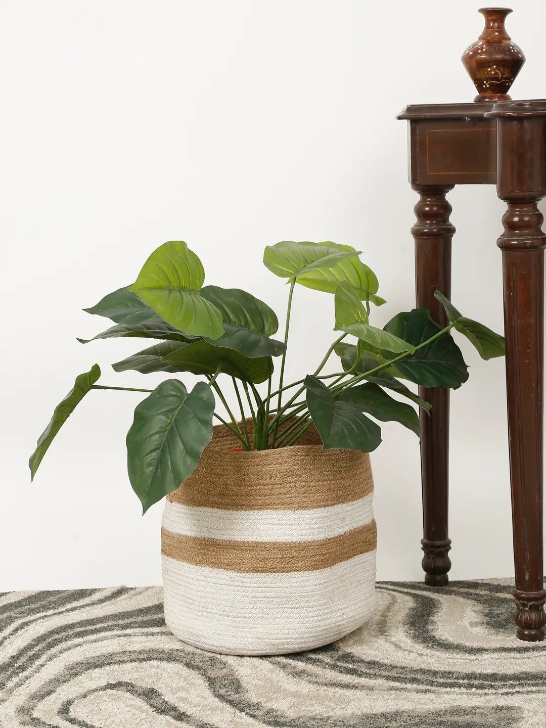 Shilpkara "Earthly Essence" Handwoven Organic Natural Jute Planter Cum  Eco-Friendly Cotton Dori Storage Basket (White & Brown)