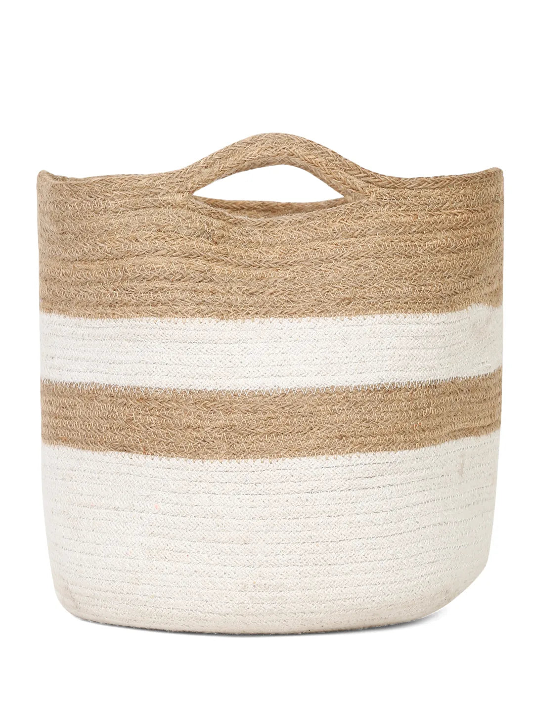 Shilpkara "Earthly Essence" Handwoven Organic Natural Jute Planter Cum  Eco-Friendly Cotton Dori Storage Basket (White & Brown)
