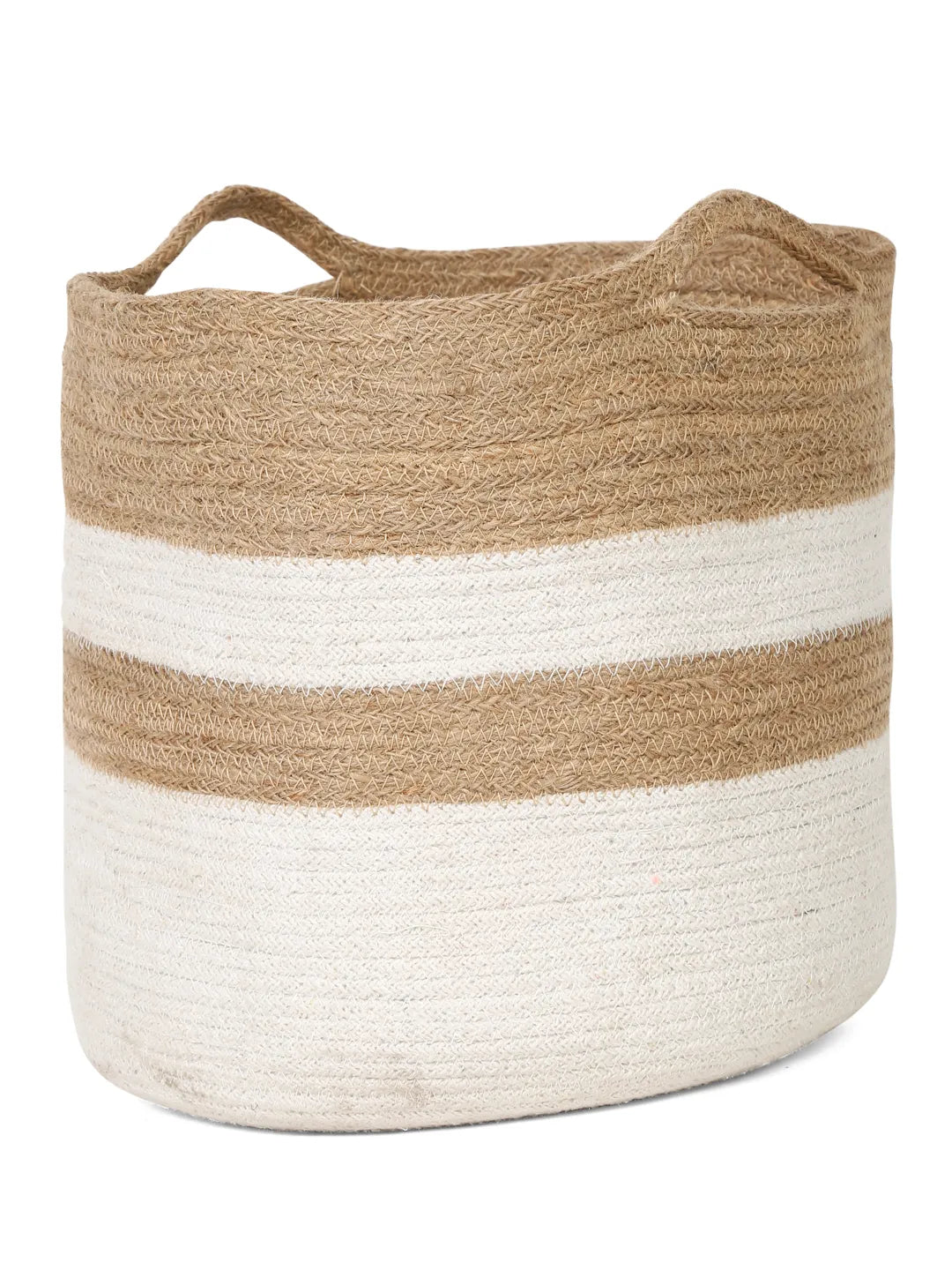 Shilpkara "Earthly Essence" Handwoven Organic Natural Jute Planter Cum  Eco-Friendly Cotton Dori Storage Basket (White & Brown)