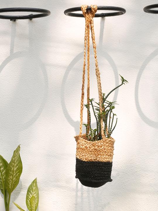 Shilpkara Harmony Home Handwoven Organic Natural Eco-Friendly Cotton Dori Storage Basket Cum Jute Hanging Planter (Black & Brown)