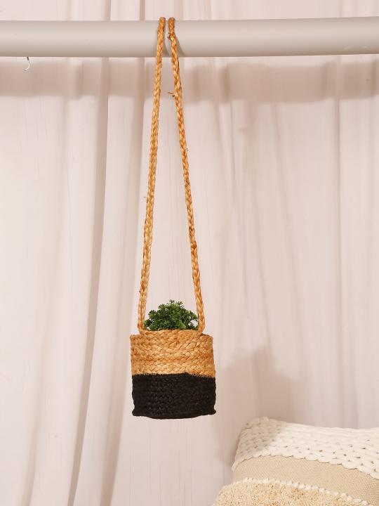 Shilpkara Harmony Home Handwoven Organic Natural Eco-Friendly Cotton Dori Storage Basket Cum Jute Hanging Planter (Black & Brown)