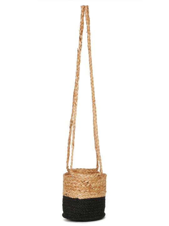 Shilpkara Harmony Home Handwoven Organic Natural Eco-Friendly Cotton Dori Storage Basket Cum Jute Hanging Planter (Black & Brown)