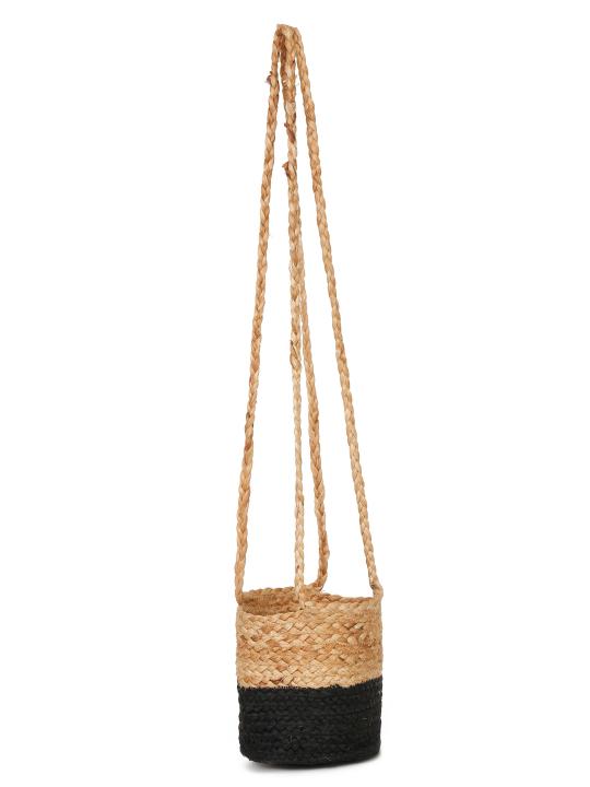 Shilpkara Harmony Home Handwoven Organic Natural Eco-Friendly Cotton Dori Storage Basket Cum Jute Hanging Planter (Black & Brown)