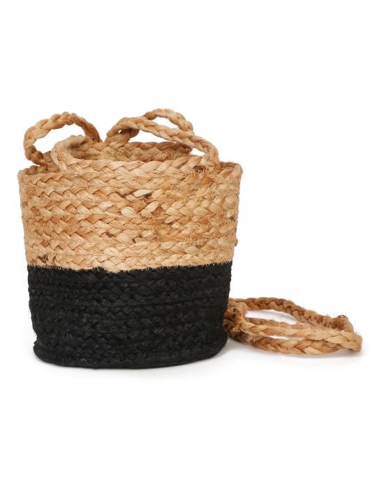Shilpkara Harmony Home Handwoven Organic Natural Eco-Friendly Cotton Dori Storage Basket Cum Jute Hanging Planter (Black & Brown)