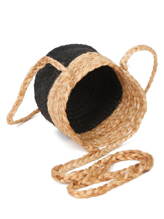 Shilpkara Harmony Home Handwoven Organic Natural Eco-Friendly Cotton Dori Storage Basket Cum Jute Hanging Planter (Black & Brown)