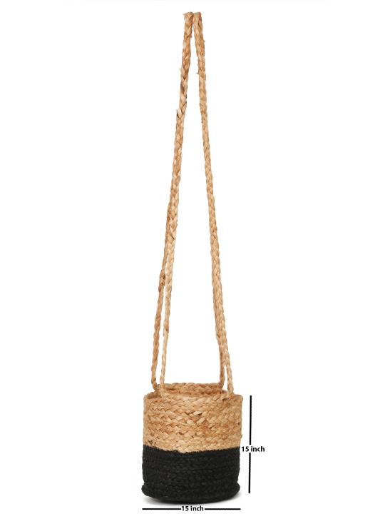 Shilpkara Harmony Home Handwoven Organic Natural Eco-Friendly Cotton Dori Storage Basket Cum Jute Hanging Planter (Black & Brown)