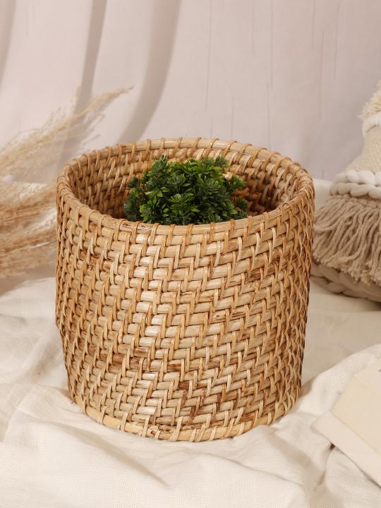Shilpkara Rattan Retreat Handcrafted Eco-Friendly Organic Circular Rattan Organiser Container Bin Multi-Utility Storage Basket (8 x 8 Inches)