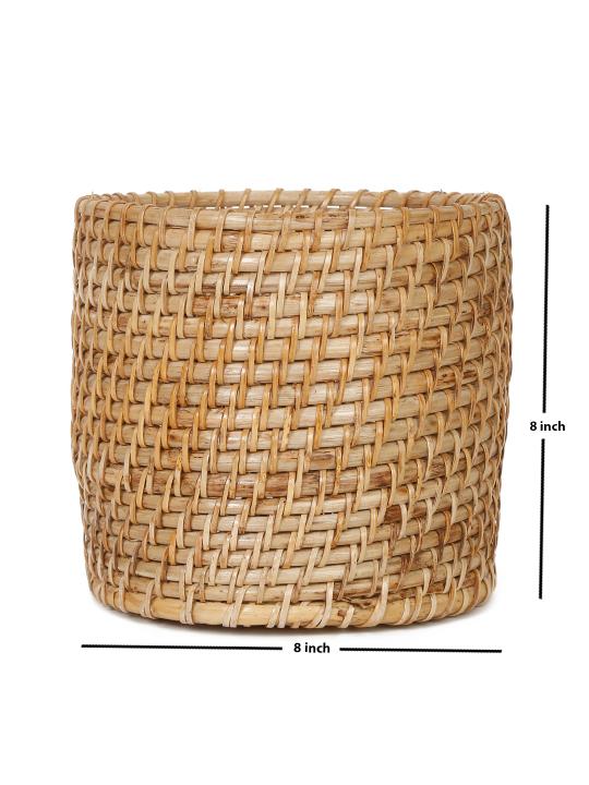 Shilpkara Rattan Retreat Handcrafted Eco-Friendly Organic Circular Rattan Organiser Container Bin Multi-Utility Storage Basket (8 x 8 Inches)