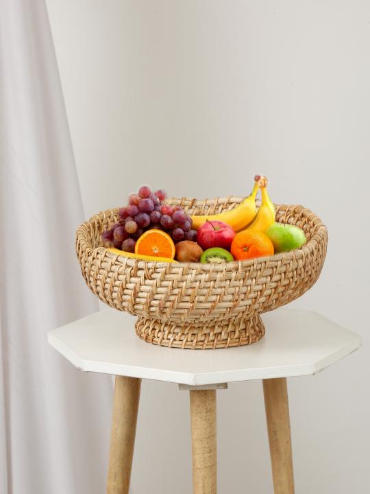 Shilpkara Circular Charm Handcrafted Eco-Friendly Organic Circular Multi-Utility Rattan Storage Organiser Fruit Basket (10 x 10 x 5.3 Inches)