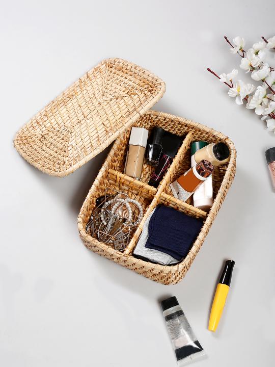 Shilpkara Tropical Twist Handcrafted Eco-Friendly Organic Rattan Organiser Container Multi-Utility Chest Storage Basket with Lid (12 x 9 x 4 Inches)