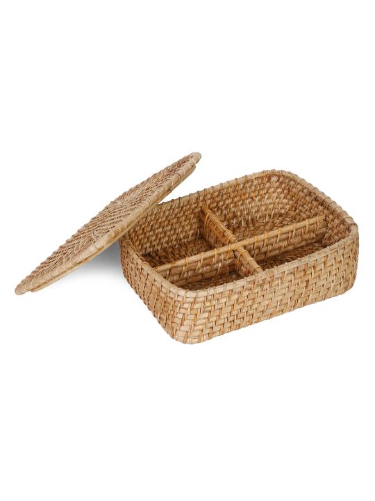 Shilpkara Tropical Twist Handcrafted Eco-Friendly Organic Rattan Organiser Container Multi-Utility Chest Storage Basket with Lid (12 x 9 x 4 Inches)