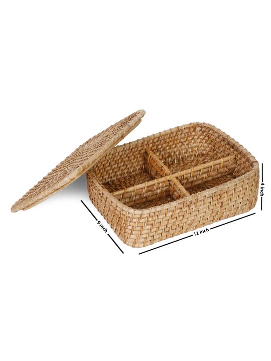 Shilpkara Tropical Twist Handcrafted Eco-Friendly Organic Rattan Organiser Container Multi-Utility Chest Storage Basket with Lid (12 x 9 x 4 Inches)