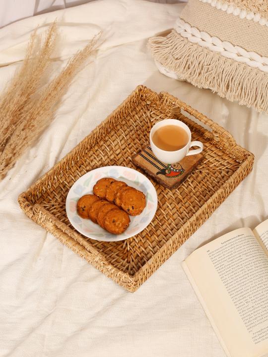 Shilpkara Coastal Classic Handcrafted Eco-Friendly Organic Rattan Platter Tray for Serving Tray for Breakfast Tray for Dining Table (14 x 11 x 2 Inches)