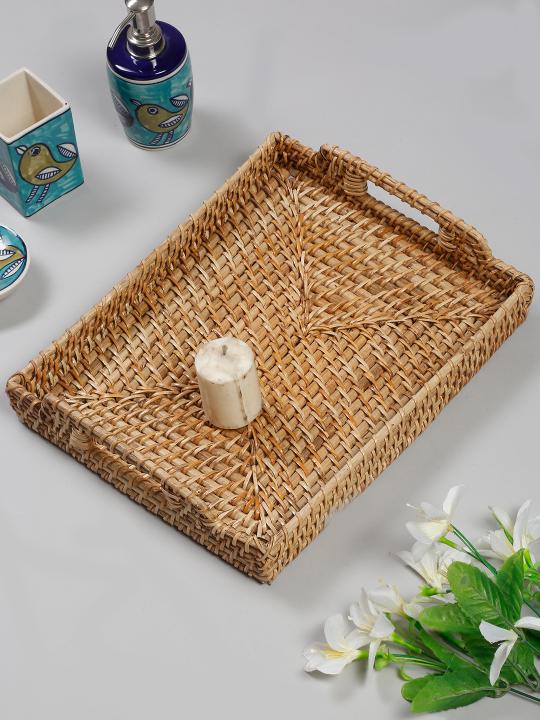 Shilpkara Coastal Classic Handcrafted Eco-Friendly Organic Rattan Platter Tray for Serving Tray for Breakfast Tray for Dining Table (14 x 11 x 2 Inches)